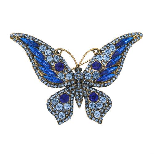 Zinc Alloy Brocher, Butterfly, guldfarve belagt, mode smykker & med rhinestone, blå, nikkel, bly & cadmium fri, 48x69mm, Solgt af PC