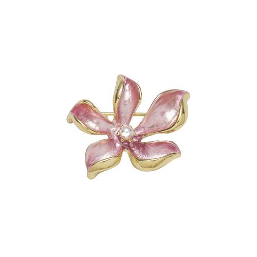 Zinc Alloy Brooches with Plastic Pearl Flower gold color plated fashion jewelry & enamel pink nickel lead & cadmium free Sold By PC