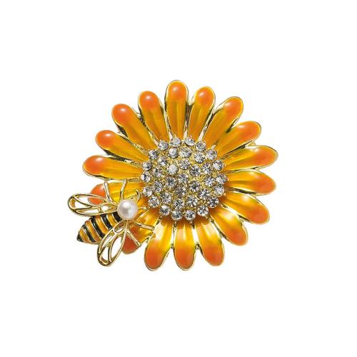 Zinc Alloy Brocher, Flower, guldfarve belagt, mode smykker & emalje & med rhinestone, gul, nikkel, bly & cadmium fri, 40x36mm, Solgt af PC