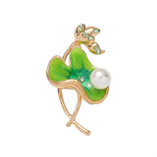 Zinc Alloy Brooches with Plastic Pearl Lotus gold color plated fashion jewelry & enamel & with rhinestone green nickel lead & cadmium free Sold By PC