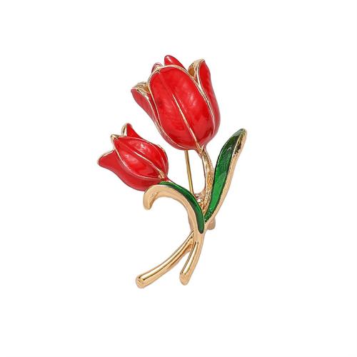 Zinklegering broches, Zinc Alloy, Bloem, gold plated, mode sieraden & glazuur, rood, nikkel, lood en cadmium vrij, 43x27mm, Verkocht door PC