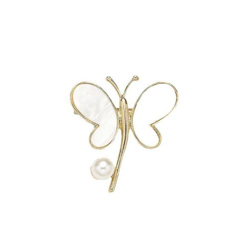 Zinklegering broches, Zinc Alloy, met Schelp & Plastic Pearl, Vlinder, gold plated, mode sieraden, gouden, nikkel, lood en cadmium vrij, 40x37mm, Verkocht door PC