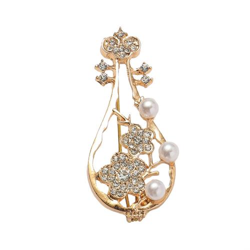 Zinklegering broches, Zinc Alloy, met Plastic Pearl, Muziekinstrument, gold plated, mode sieraden & met strass, gouden, nikkel, lood en cadmium vrij, 48x21mm, Verkocht door PC