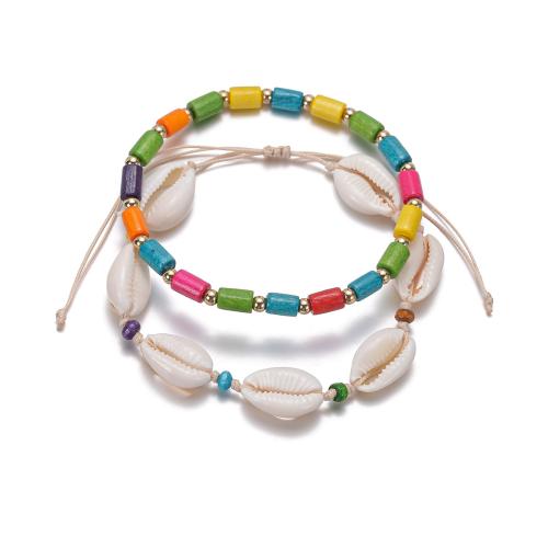 Fashion Jewelry Anklet Acrylic with Wax Cord & Shell 2 pieces mixed colors Sold By Set