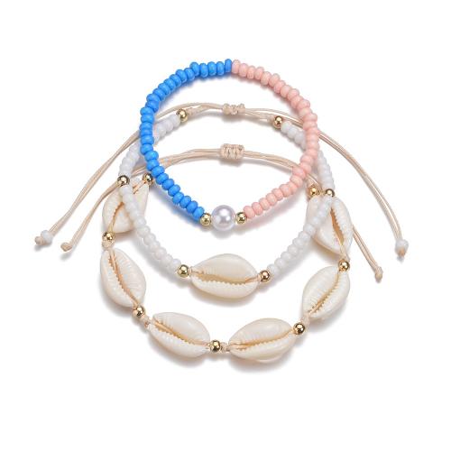 Shell Jewelry Bracelet Seedbead with Wax Cord & Shell & Plastic Pearl three pieces & fashion jewelry mixed colors Sold By Set