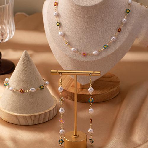 Zinc Alloy Jewelry Sets bracelet & earring & necklace with Plastic Pearl plated for woman & enamel gold Sold By Set