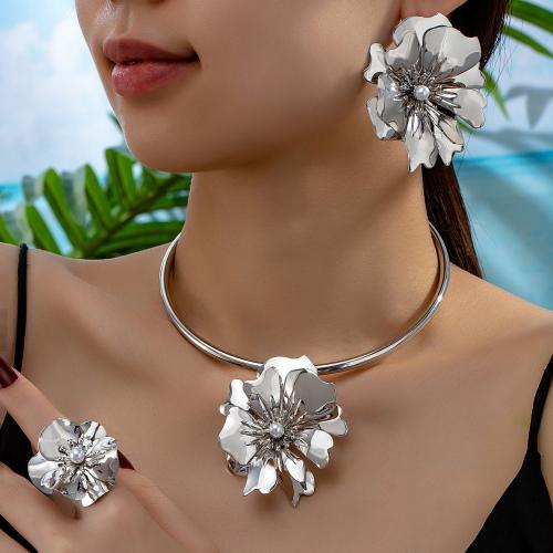 Zinc Alloy Jewelry Sets Stud Earring & finger ring & necklace with Plastic Pearl petals plated for woman silver color Sold By Set