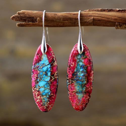 Impression Jasper Drop Earring with Brass Oval Bohemian style & for woman Sold By Pair