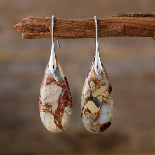 Natural Stone Drop Earring with Brass Teardrop Bohemian style & for woman Sold By Pair