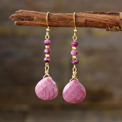 Gemstone Drop Earring with Brass Teardrop gold color plated Bohemian style & for woman Sold By Pair