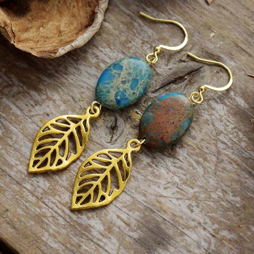 Gemstone Drop Earring with Brass & Zinc Alloy Leaf gold color plated & Unisex & hollow Sold By PC