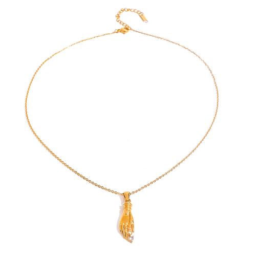 Roestvrij staal halskettingen, 304 roestvrij staal, met 5cm extender keten, Hand, mode sieraden & micro pave zirconia & voor vrouw, gouden, 28.80mm, Lengte Ca 45 cm, Verkocht door PC