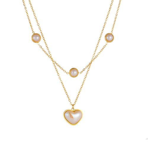 Stainless Steel Jewelry Necklace 304 Stainless Steel with Plastic Pearl with 5cm extender chain Heart Double Layer & fashion jewelry & for woman golden Sold Per Approx 40.5 cm Approx 44 cm Strand