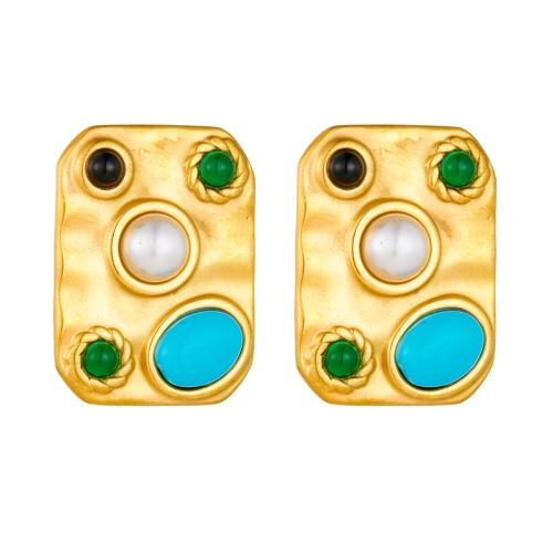 Stainless Steel Stud Earrings 304 Stainless Steel with turquoise & Plastic Pearl fashion jewelry & for woman golden Sold By Pair