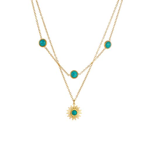 Stainless Steel Jewelry Necklace 304 Stainless Steel with turquoise with 6cm extender chain Double Layer & fashion jewelry & for woman golden Sold Per Approx 40 cm Approx 44 cm Strand