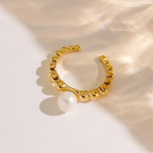 Stainless Steel Finger Ring 304 Stainless Steel with Plastic Pearl gold color plated for woman Sold By PC