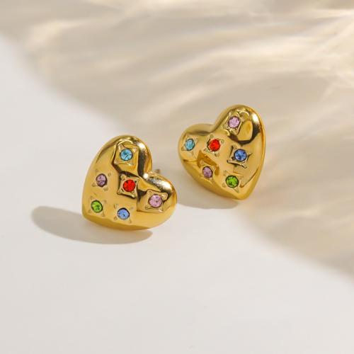 Roestvrij staal Stud Earrings, 304 roestvrij staal, Hart, gold plated, voor vrouw & met strass, multi-gekleurde, Verkocht door pair