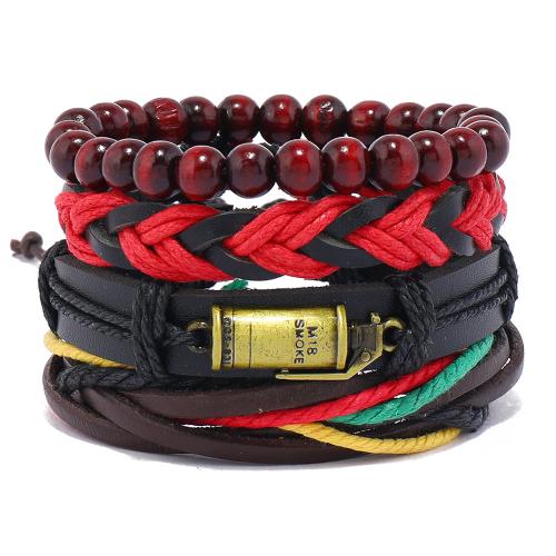 PU Leather Cord Bracelets with Wax Cord & Wood & Zinc Alloy handmade 4 pieces & fashion jewelry & for man mixed colors Sold By Set