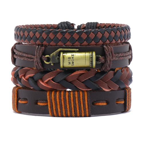 PU Leather Cord Bracelets with Wax Cord & Zinc Alloy handmade 4 pieces & fashion jewelry & for man mixed colors Sold By Set