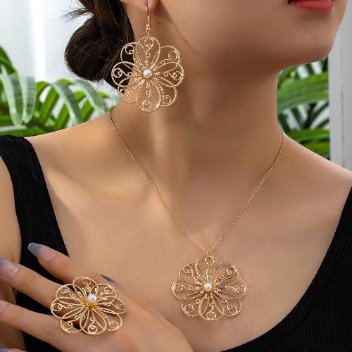 Zinc Alloy Jewelry Sets finger ring & earring & necklace with Plastic Pearl petals plated for woman gold Sold By Set