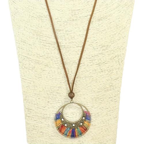 Zinc Alloy Necklace with Cotton Thread & PU Leather & Wood plated Bohemian style & for woman & with rhinestone & hollow Length Approx 31.49 Inch Sold By PC