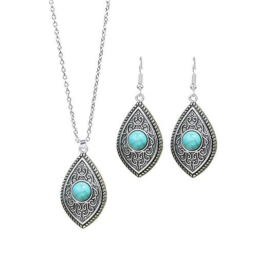 Zinc Alloy Jewelry Set earring & necklace with Turquoise plated 2 pieces & Bohemian style & for woman & hollow Sold By Set