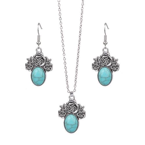 Zinc Alloy Jewelry Set earring & necklace with Turquoise plated 2 pieces & Bohemian style & for woman & hollow Sold By Set