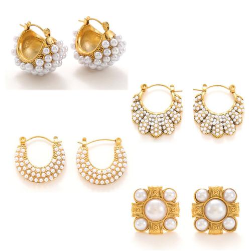 Roestvrij staal Stud Earrings, 304 roestvrij staal, met Plastic Pearl, 18K verguld, mode sieraden & verschillende stijlen voor de keuze & voor vrouw & met strass, gouden, Verkocht door pair