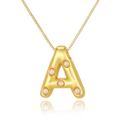 Brass Necklace with Plastic Pearl Alphabet Letter gold color plated fashion jewelry & letters are from A to Z & for woman nickel lead & cadmium free Length Approx 45 cm Sold By PC