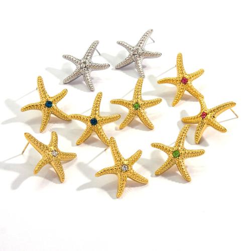 Stainless Steel Stud Earrings 304 Stainless Steel with Cubic Zirconia Starfish Vacuum Ion Plating fashion jewelry & for woman Sold By Pair