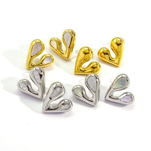 Stainless Steel Stud Earrings 304 Stainless Steel with Shell Heart Vacuum Ion Plating fashion jewelry & micro pave cubic zirconia & for woman 19mm Sold By Pair