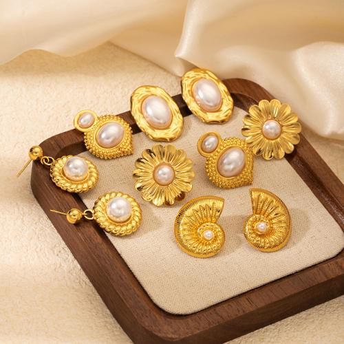 Stainless Steel Stud Earrings 304 Stainless Steel with Plastic Pearl plated fashion jewelry & for woman gold Sold By Pair