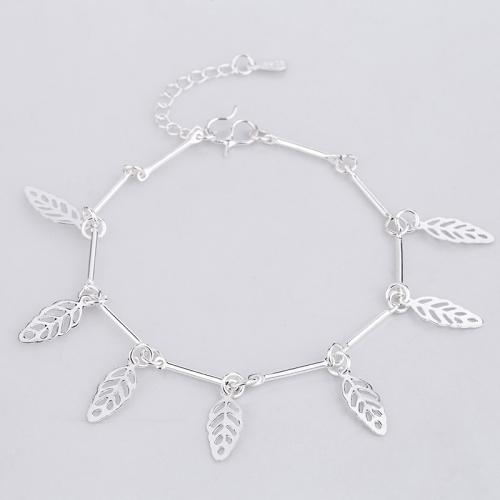 Mässing Armband, med 2 lnch extender kedja, Leaf, silver pläterad, charm armband, nickel, bly och kadmium gratis, Längd Ca 7.5 inch, 10Strands/Lot, Säljs av Lot