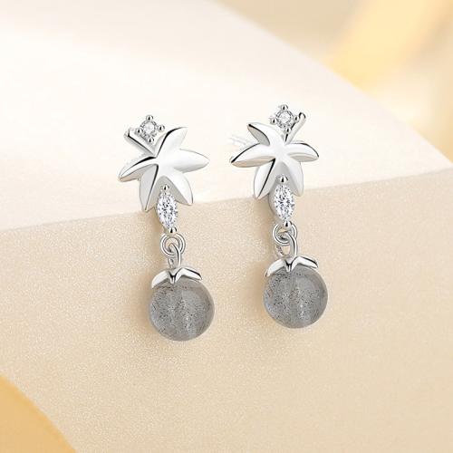 925 sterling zilver Drop Earring, met Maansteen, Maple Leaf, geplatineerd, micro pave zirconia & voor vrouw, 7.30x17.80mm, Verkocht door pair