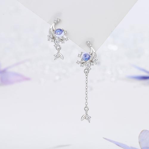 Argent sterling 925 Boucles d'oreilles asymétriques, avec verre, blé, Plaqué de platine, pavé de micro zircon & pour femme, left earring size 8.7x18.2mm, right earring size 8.9x34.9mm, Vendu par paire