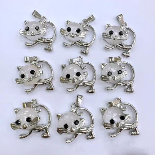 Gemstone Pendants Jewelry Natural Stone with Zinc Alloy Cat silver color plated DIY Sold By PC