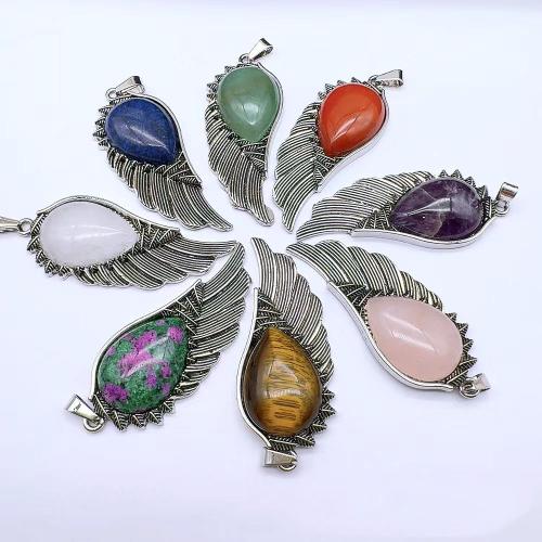 Gemstone Pendants Jewelry Natural Stone with Zinc Alloy Wing Shape gold color plated DIY Sold By PC