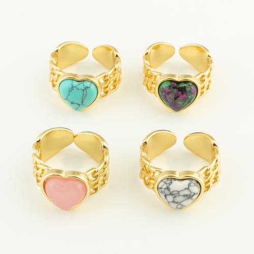 Brass Finger Ring with Natural Stone Heart gold color plated Adjustable & for woman nickel lead & cadmium free Sold By PC