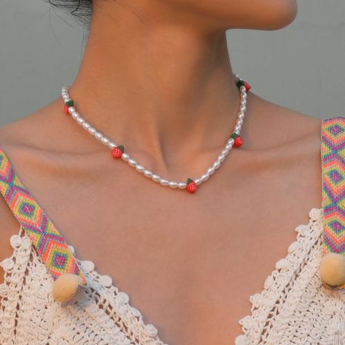 Collier de perles en plastique, perle de plastique, avec argile de polymère, avec 7cm chaînes de rallonge, bijoux de mode, blanc, Longueur 40 cm, Vendu par PC