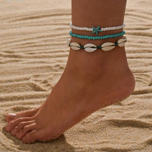 Fashion Jewelry Anklet, Seedbead, avec turquoise & argile de polymère & corde en nylon, trois pièces & bijoux de mode, couleurs mélangées, Vendu par fixé