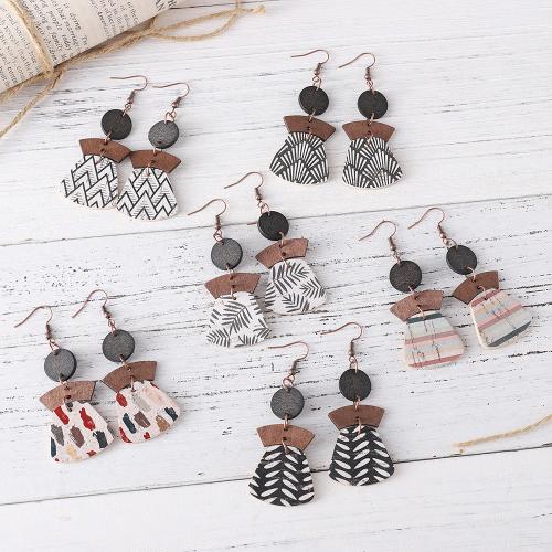 Zinc Alloy Drop Earrings PU Leather with Wood & Zinc Alloy printing fashion jewelry & for woman Sold By Pair