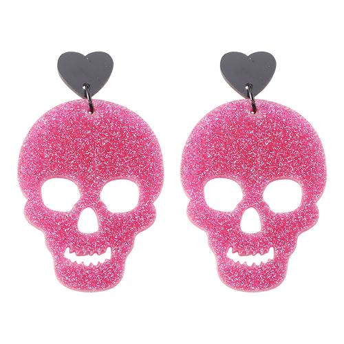 Acrylic Stud Earring Skull printing Halloween Design & for woman & hollow pink Sold By Pair