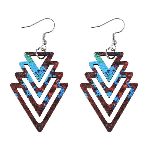 Wood Earring with Zinc Alloy Triangle printing for woman & double-sided & hollow Sold By Pair