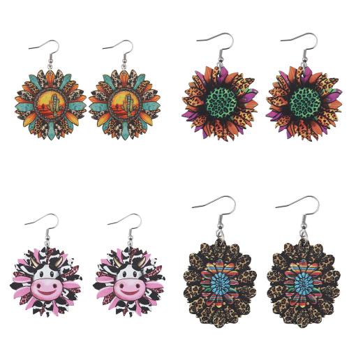 Wood Earring with 304 Stainless Steel Flower printing & for woman & double-sided Sold By Pair