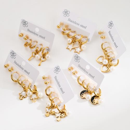 Stainless Steel Drop Earring 304 Stainless Steel with Plastic Pearl plated three pieces & for woman golden Sold By Set