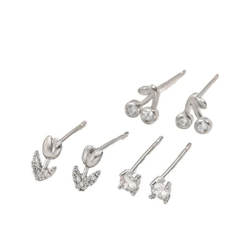 Cilindrata Zircone Orecchini in ottone micro pavimenta, tre pezzi & Micro spianare cubic zirconia & per la donna, Venduto da set