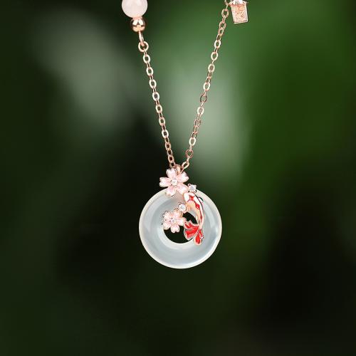 Argent sterling 925 collier, avec blanc calcédoine & quartz rose, avec 2inch chaînes de rallonge, poisson, Plaqué de couleur d'or rose, chaîne ovale & pavé de micro zircon & pour femme & émail, Longueur Environ 15.7 pouce, Vendu par PC