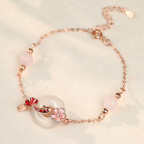 Argent sterling 925 bracelet, avec blanc calcédoine & quartz rose, avec 1.6inch chaînes de rallonge, poisson, Plaqué de couleur d'or rose, pavé de micro zircon & pour femme & émail, Longueur Environ 6.1 pouce, Vendu par PC