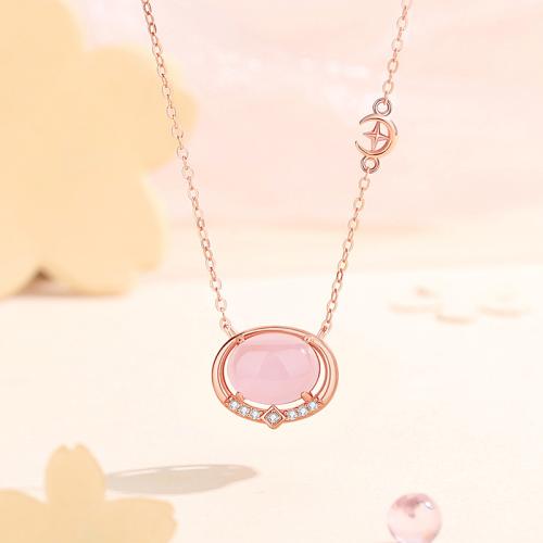 925 Sterling Silver Necklace with Rose Quartz with 2inch extender chain Geometrical Pattern rose gold color plated oval chain & micro pave cubic zirconia & for woman Length Approx 15.7 Inch Sold By PC