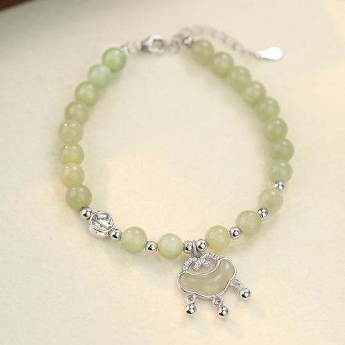 925 de prata esterlina pulseira, with Hetian Jade, with 1.6inch extender chain, bloqueio longevidade, platinado, Vintage & para mulher, comprimento Aprox 6.1 inchaltura, vendido por PC